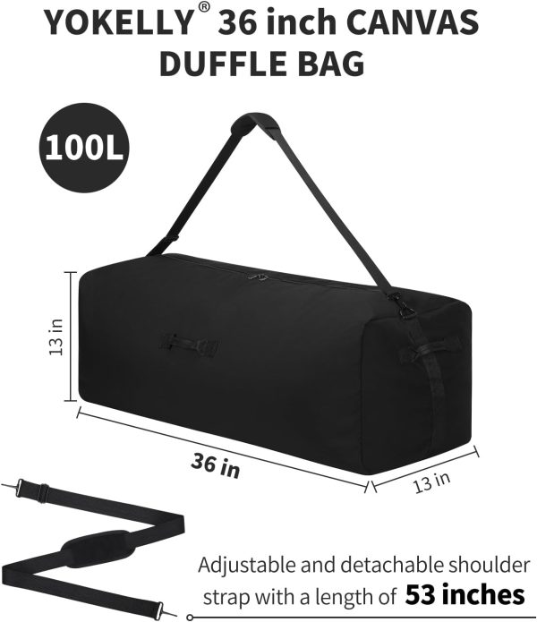 YoKelly 36 Inch Canvas Duffel Bag 100L Extra Large Luggage Duffle for Travel Sport and Camping (Black) - Image 6