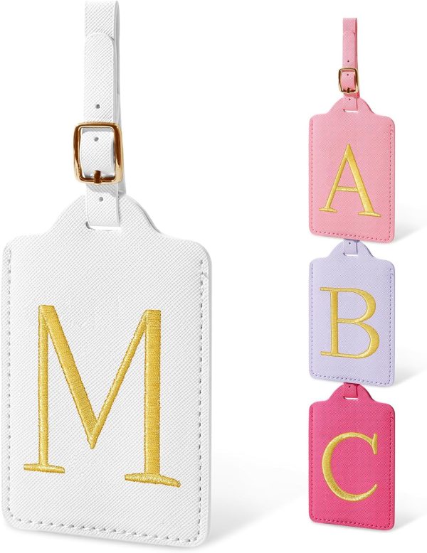 Personalized Initial Luggage Tags for Suitcases, Cute PU Leather Embroidered Letter Travel Luggage Tags, Suitcase Identifier Name Baggage Tag, Bag Tags for Men Women Kids Luggage Handbags(White M)