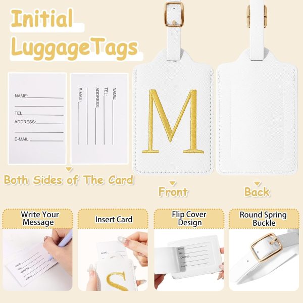 Personalized Initial Luggage Tags for Suitcases, Cute PU Leather Embroidered Letter Travel Luggage Tags, Suitcase Identifier Name Baggage Tag, Bag Tags for Men Women Kids Luggage Handbags(White M) - Image 3