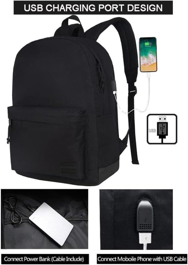 SUPACOOL Lightweight Casual Travel Backpack with USB Charging Port for Men and Women, Laptop Backpack for College School boys and girls, Bookbag, High School Backpack for Teens(Full Black) - Image 2